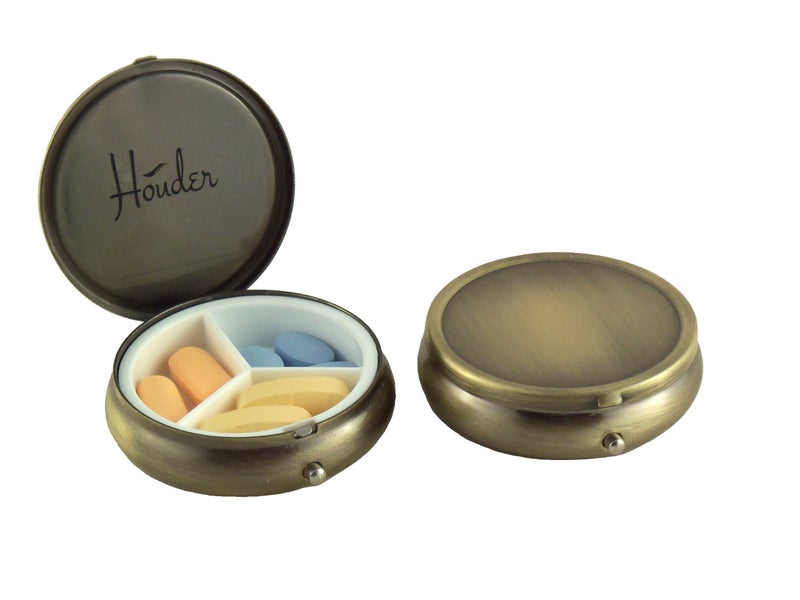 Houder Classy Brass Pill Box - Decorative Pill Case with Gift Box - Carry Your Meds in Style (Round) - Image 2